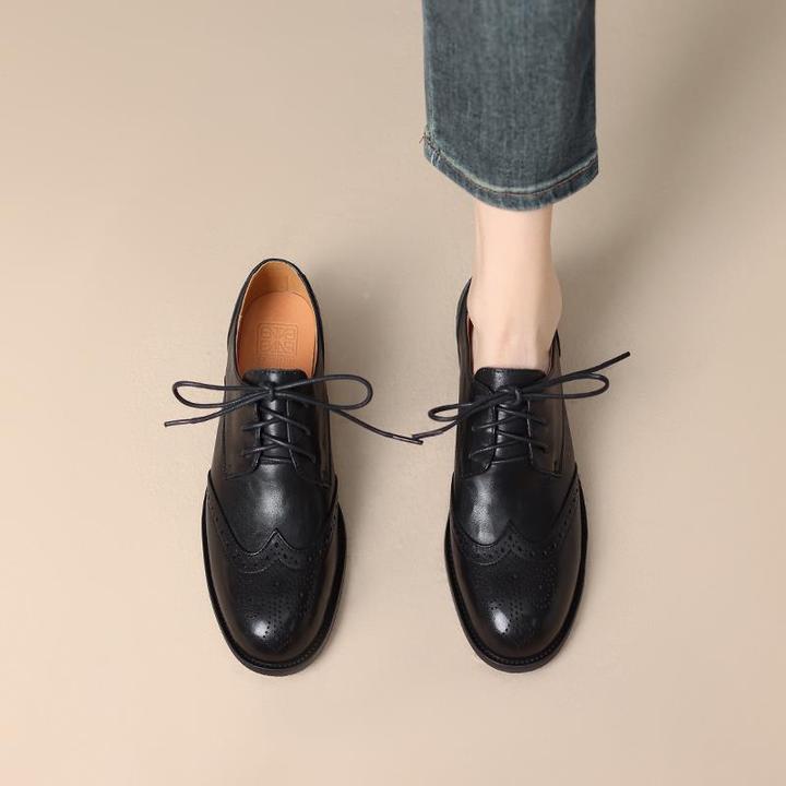 巨巨好穿~！布洛克雕花系带深口单鞋英伦小皮鞋女乐福鞋