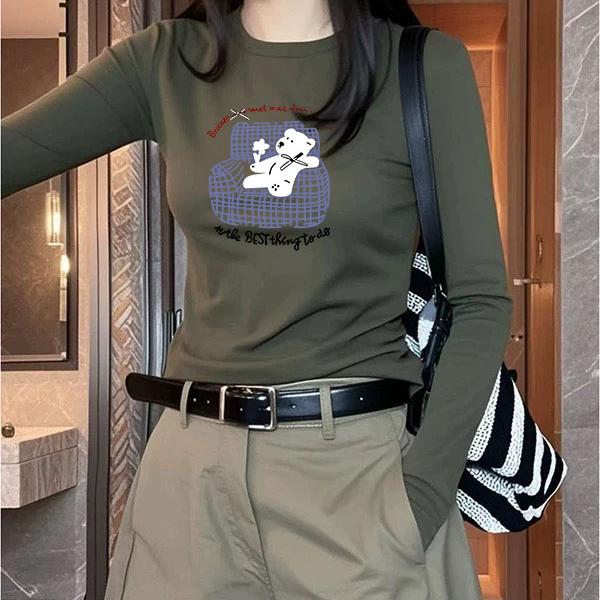 早春秋新款百搭韩版减龄上衣修身打底T恤复古军绿色圆领显瘦长袖