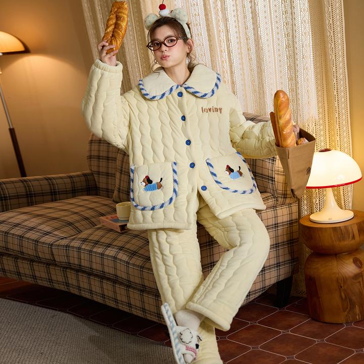冬天睡衣女爆款2025新款三层夹棉卡通小狗海岛绒珊瑚绒家居服套装