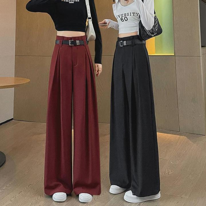 酒红色高级感西装裤子女2024爆款新款高腰垂感梨型身材春秋阔腿裤