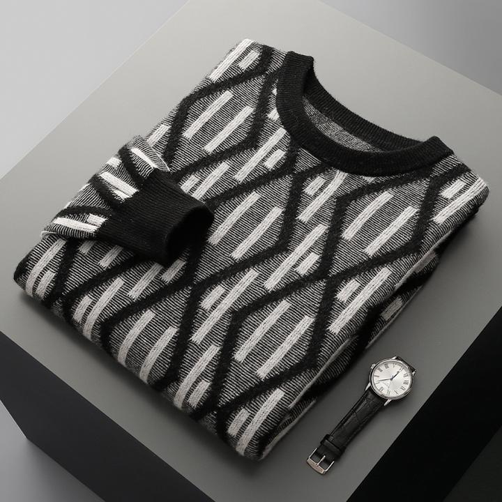 洛尼提日亚秋冬纯羊毛衫新款男士圆领撞色加厚毛衣宽松针织打底