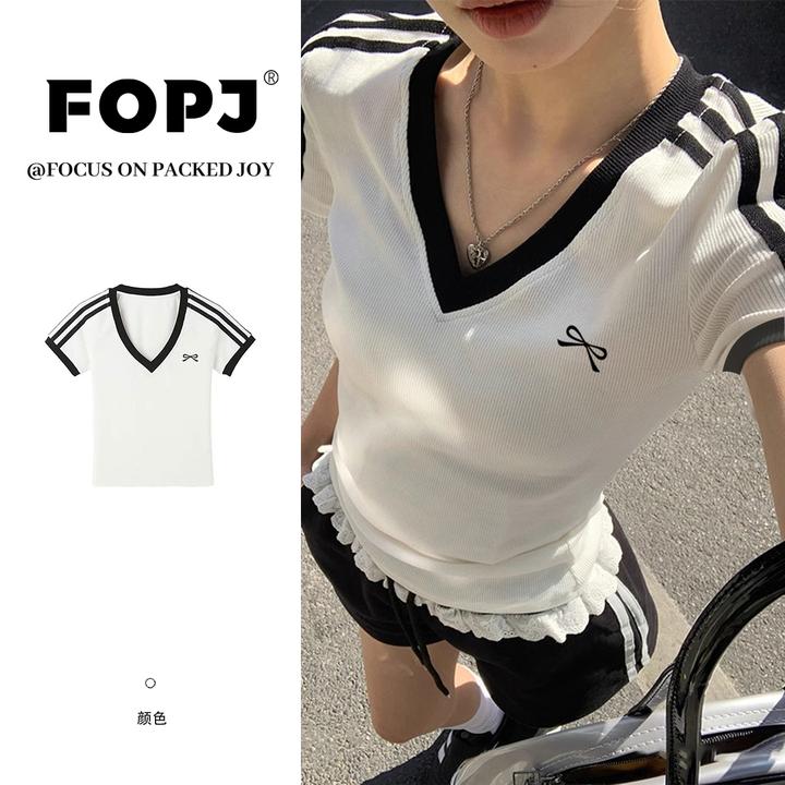 FOPJ夏季新款慵懒风美式辣妹V领短袖t恤女修身显瘦百搭短款上衣潮