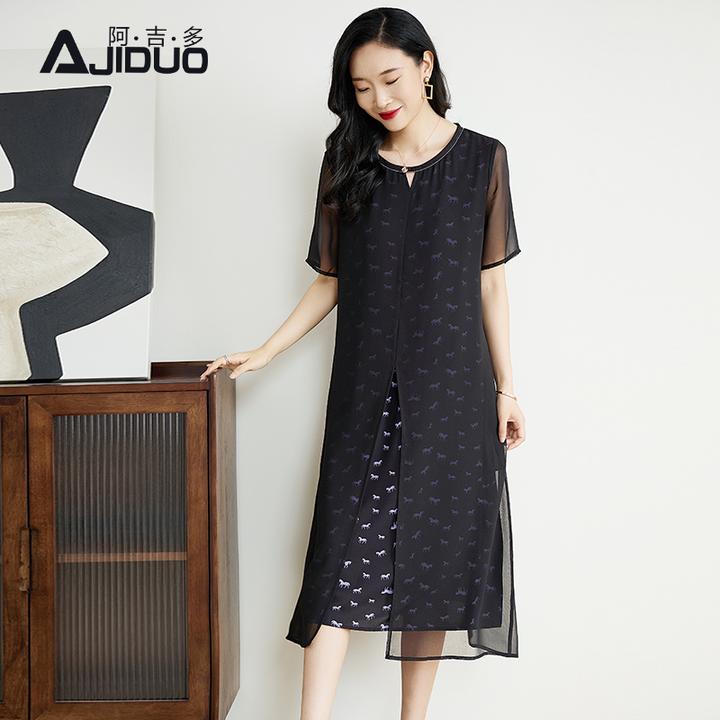 阿吉多黑色短袖连衣裙女夏季新款薄纱拼接端庄大气长裙妈妈裙子
