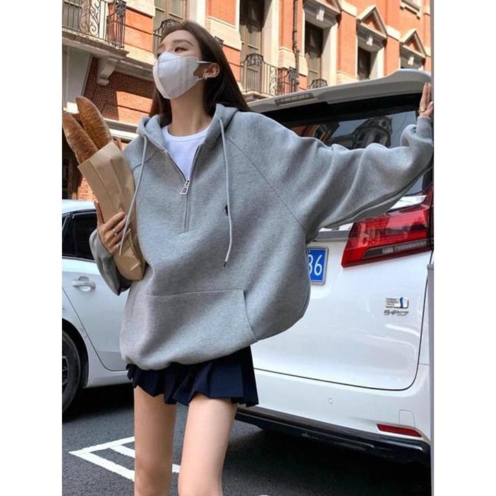 职业阿玛诗官2025春秋款灰色连帽卫衣美式宽松显瘦休闲半拉链外套