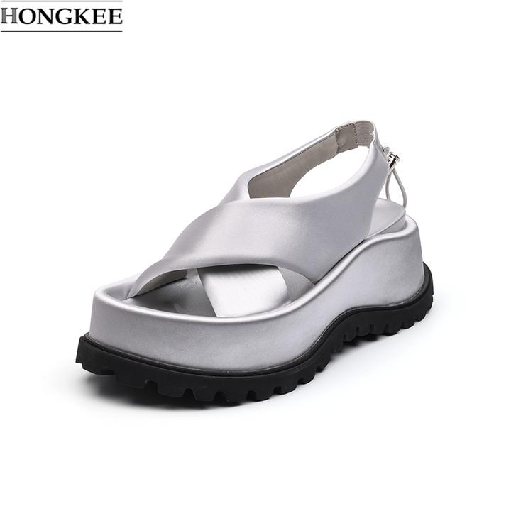HONGKEE/红科25年夏季厚底凉拖交叉绑带时尚舒适凉鞋H805D212