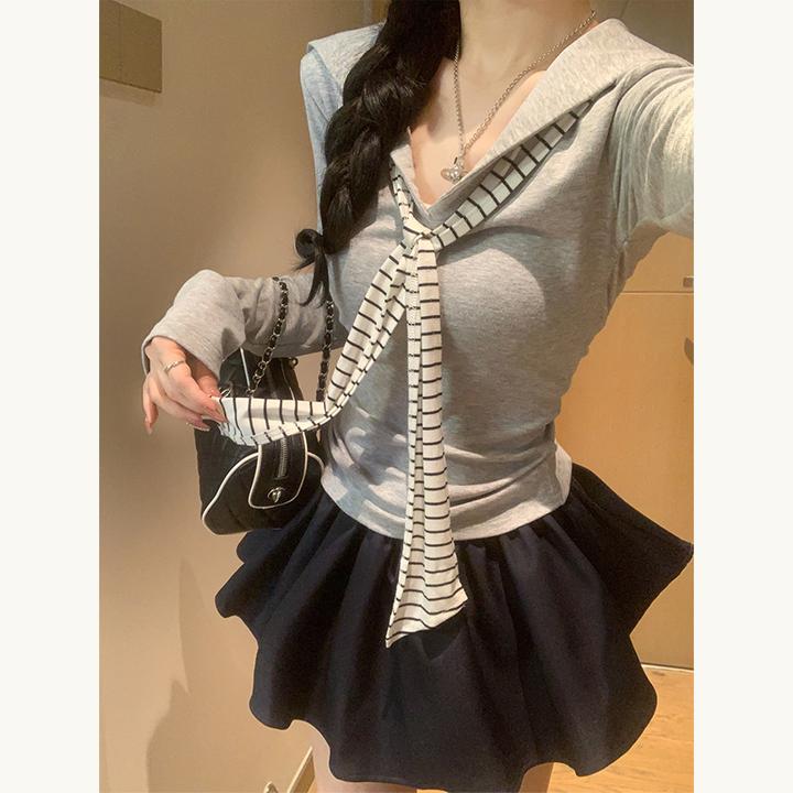 欧货假两件条纹披肩长袖t恤女2025新款早秋海军领修身别致小上衣