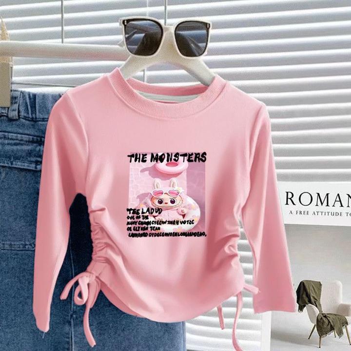 中大小女童螺纹t恤长袖儿童春季新款抽绳纯棉拉布布女孩洋气上衣T