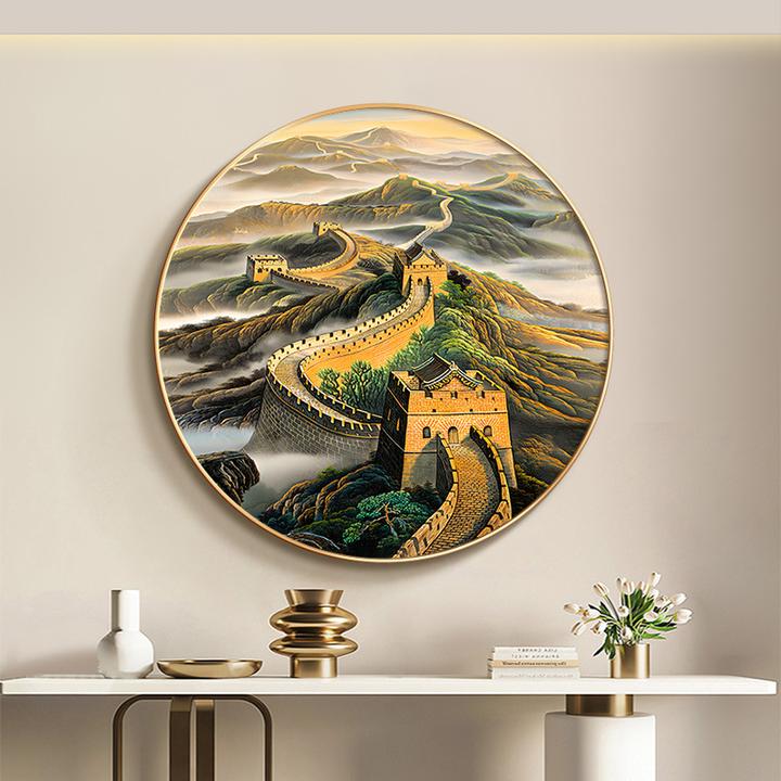 万里长城画靠山图圆形挂画进门客厅玄关装饰画高档大气办公室壁画