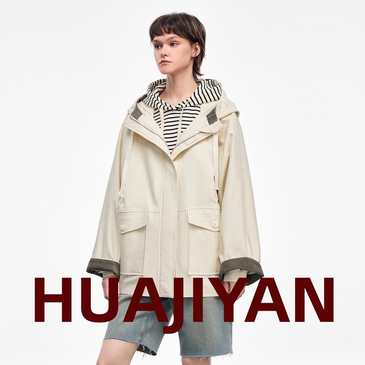 华吉言/HUAJIYAN【养乐多】优质长绒棉立体连帽防风宽松廓形外套