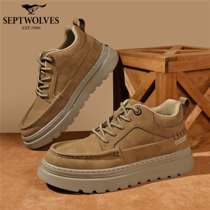 七匹狼男鞋新款车缝线圆头高帮增高耐磨马丁靴复古低帮鞋子秋季
