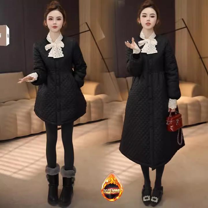 加绒加厚棉衣女2025冬季新款洋气质收腰显瘦蓬蓬菱格黑色保暖棉服