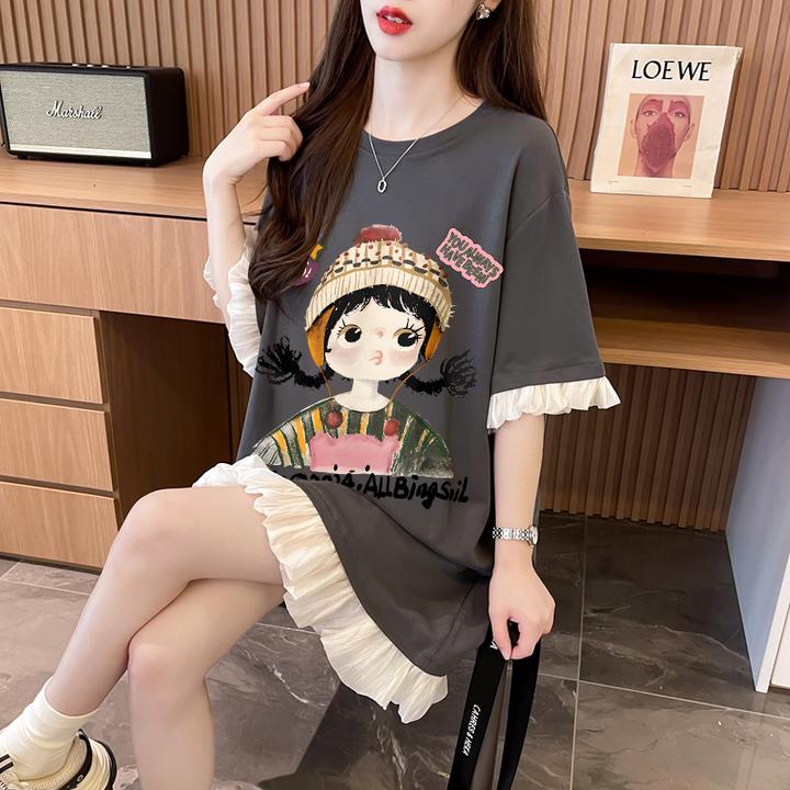 夏季网红洋气女装2025爆款宽松慵懒风时尚大码纯棉设计感T恤裙ins