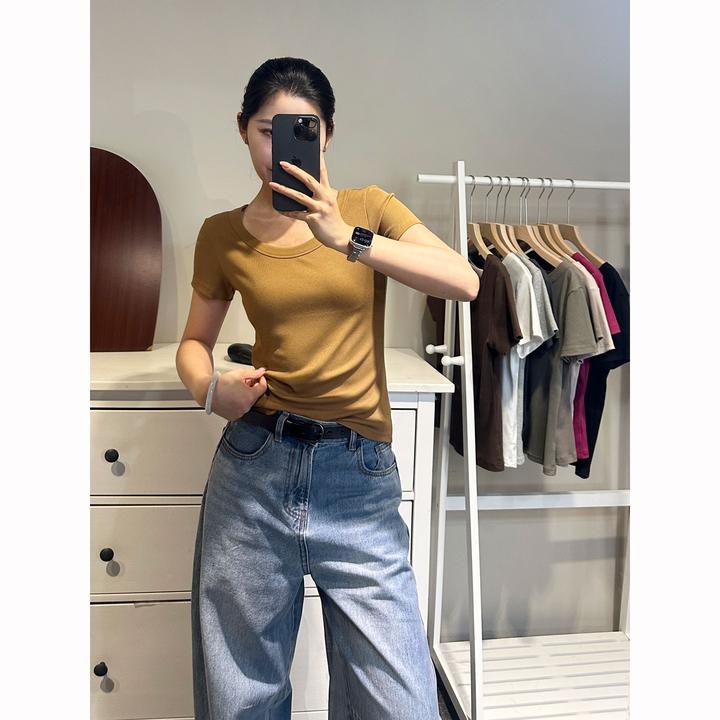 优可丝木纤维 薄款 经典大圆领短袖打底衫 82612