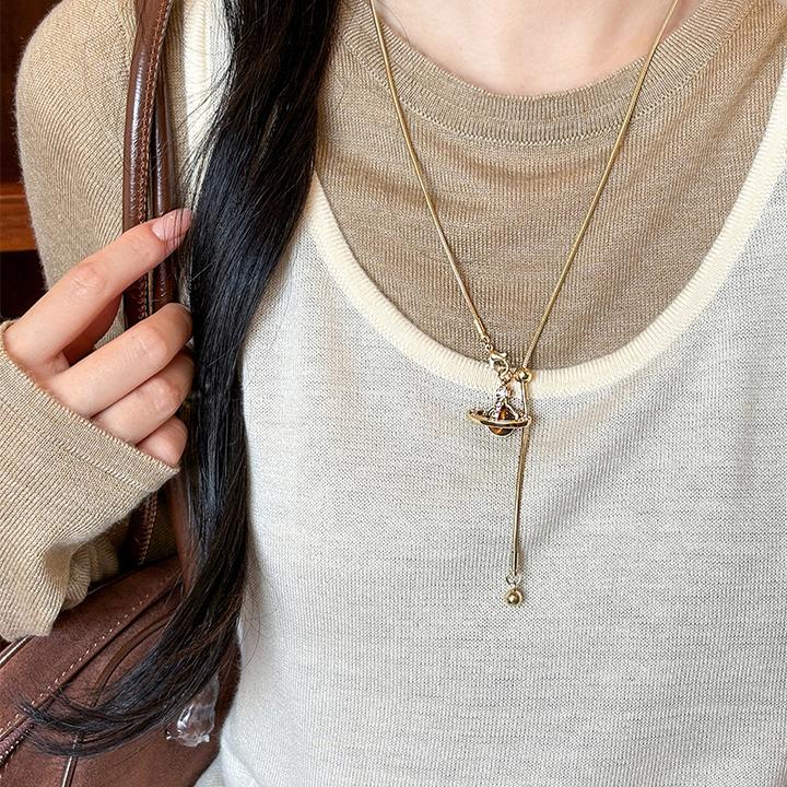 铜项链 时尚土星吊坠项链轻奢小众时尚百搭高级感抽拉毛衣链