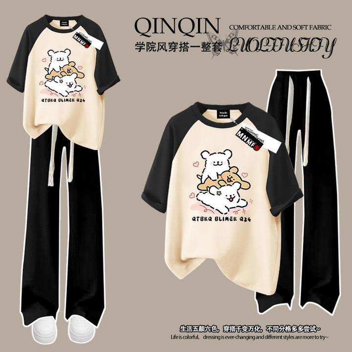 夏季女童插肩短袖t恤长裤套装可爱线条小狗印花中大童时尚两件套