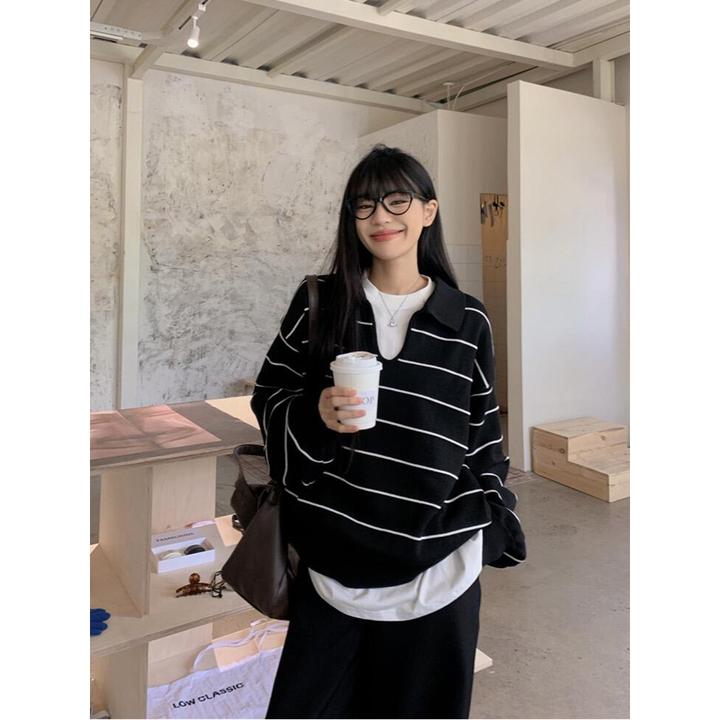 复古休闲百搭POLO领毛衣细条纹针织衫女韩系撞色宽松翻领长袖上衣
