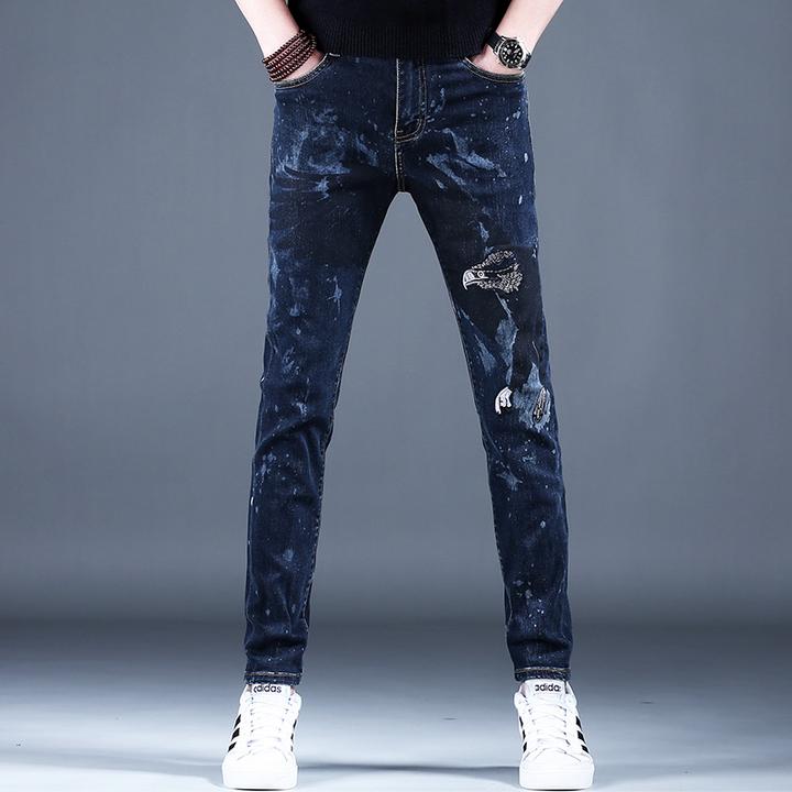 2025新款春秋季潮流机车牛仔裤男款印花高级男装裤子男士修身小脚