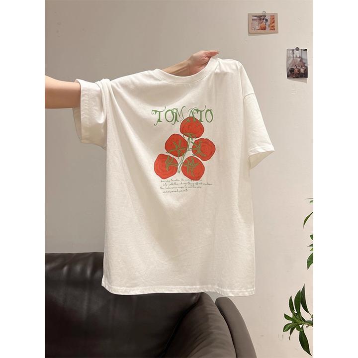番茄印花白色短袖t恤女夏季2025新款爆款宽松慵懒风圆领显瘦上衣
