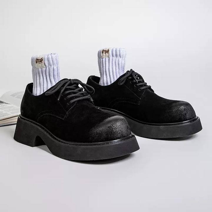 牛反绒皮男鞋大头德比鞋2025春季新款低帮百搭潮流休闲厚底增高鞋