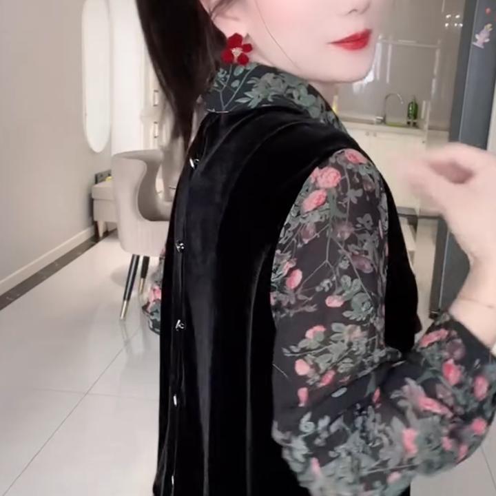 秋冬新款时尚拼撞丝绒假两件衬衫女时尚百搭显瘦内搭