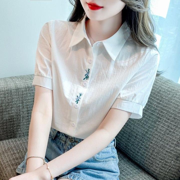 2025年夏季新款洋气减龄短袖纯棉女衬衫时尚薄款全棉女装带刺绣上