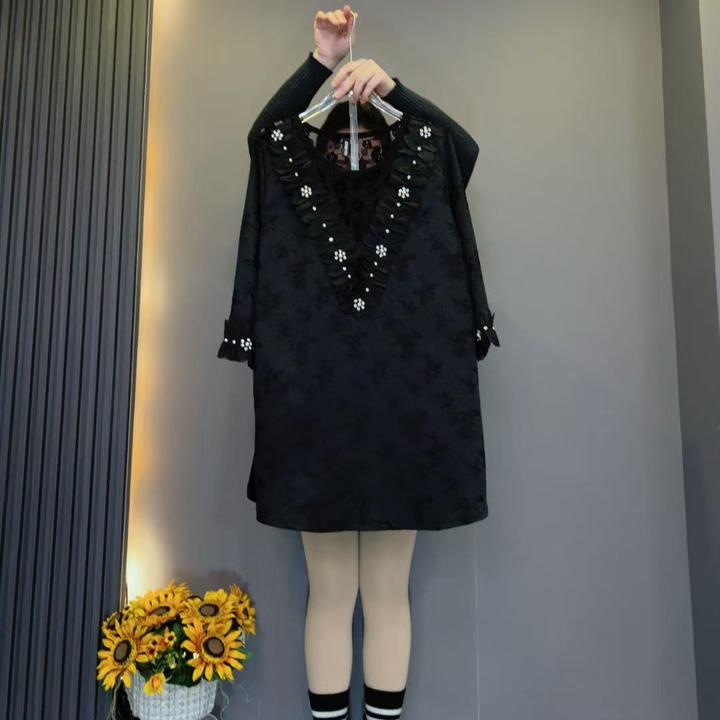 1655大码圆领重工钉钻蕾丝拼接连衣裙轻熟风遮肉气质时尚百搭女装