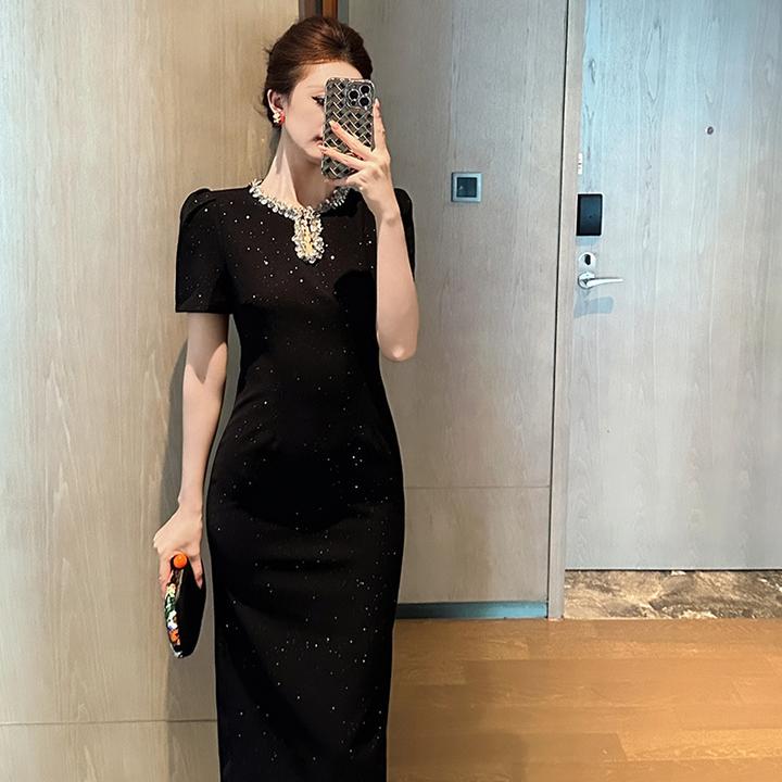 婷婷衣恋9029夏季新款时尚法式气质圆领收腰修身包臀显瘦连衣裙