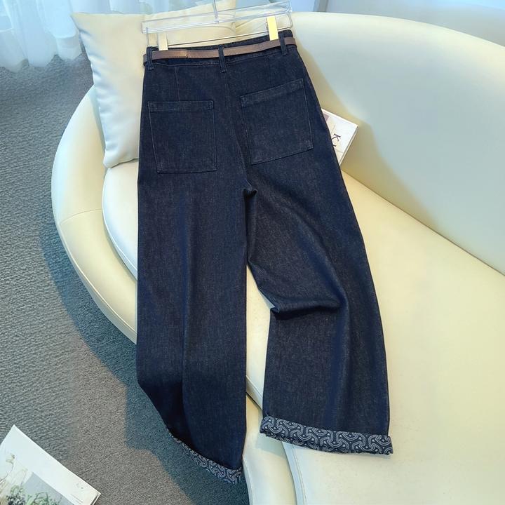 丹宁色阔腿牛仔裤女2025春秋季新款高腰显瘦弯刀裤印花翻边九分裤