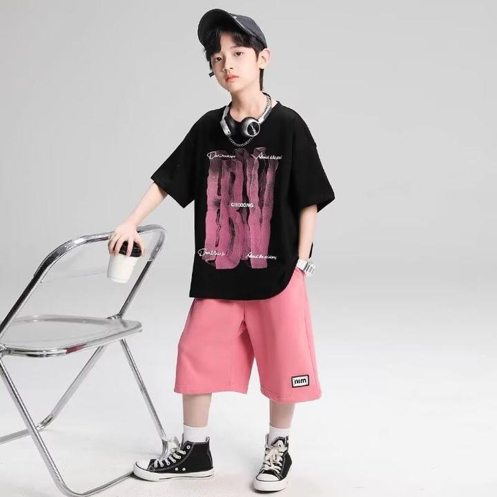 男童夏季短袖T恤五分裤两件套2025新款痞帅男孩宽松上衣短裤套装