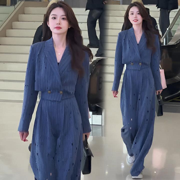 2025春秋新款时尚套装女烫钻镂空显瘦宽松短款外套+阔腿裤两件套