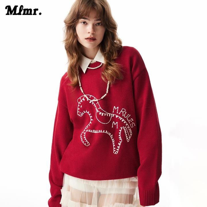 MLMR冬季新款简约风宽松纯色动物刺绣时尚百搭毛衣针织衫男女