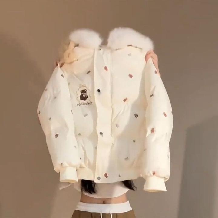日系学院风小熊毛领连帽棉服外套女学生冬季新款甜美百搭防寒棉衣