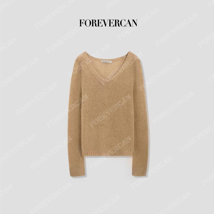 FOREVERCAN“秋意浓”极简慵懒风V领套头茶棕色针织毛衣 CANMY3078