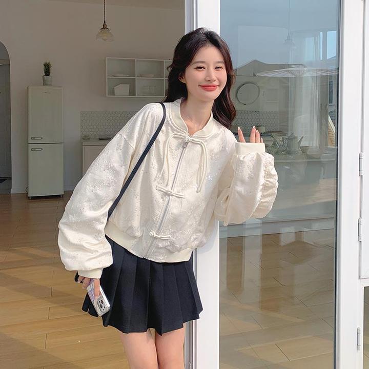白色亮片新中式棒球服女短款2042春新款国风小个子设计感夹克外套