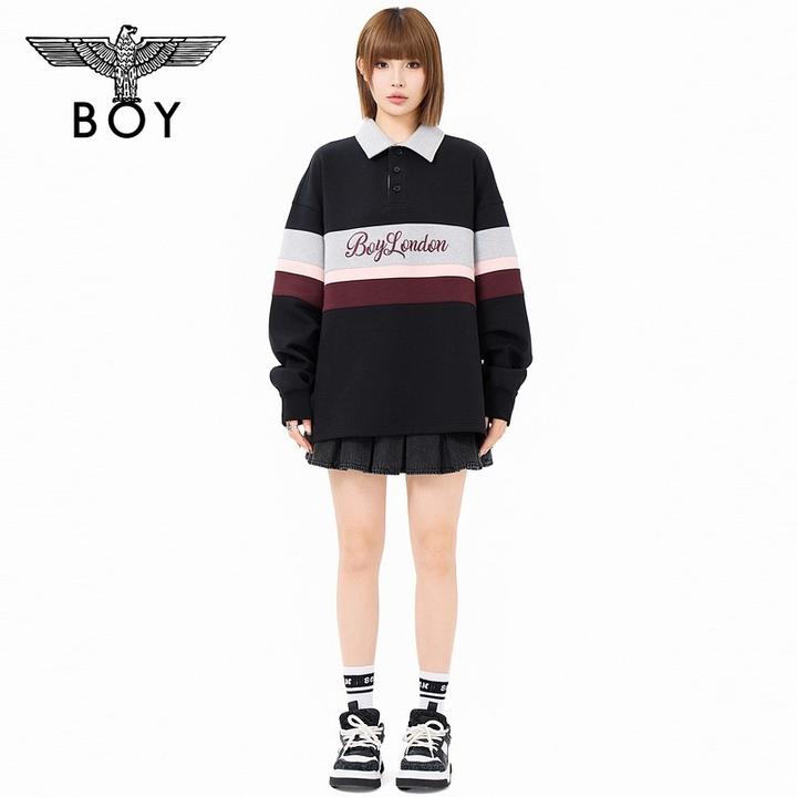 【芬多学院】BOYLONDON2025秋新款绣花POLO套头情侣卫衣撞色N03054