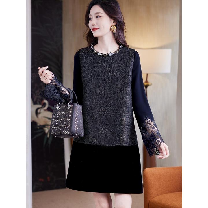 丝绒拼接亮丝无袖连衣裙女秋冬新款洋气钉珠圆领宽松百搭背心裙子