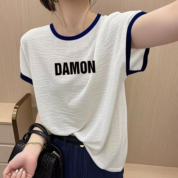 2025夏季竹节纯棉女士t恤短袖正肩新款洋气印花上衣宽松韩版小衫