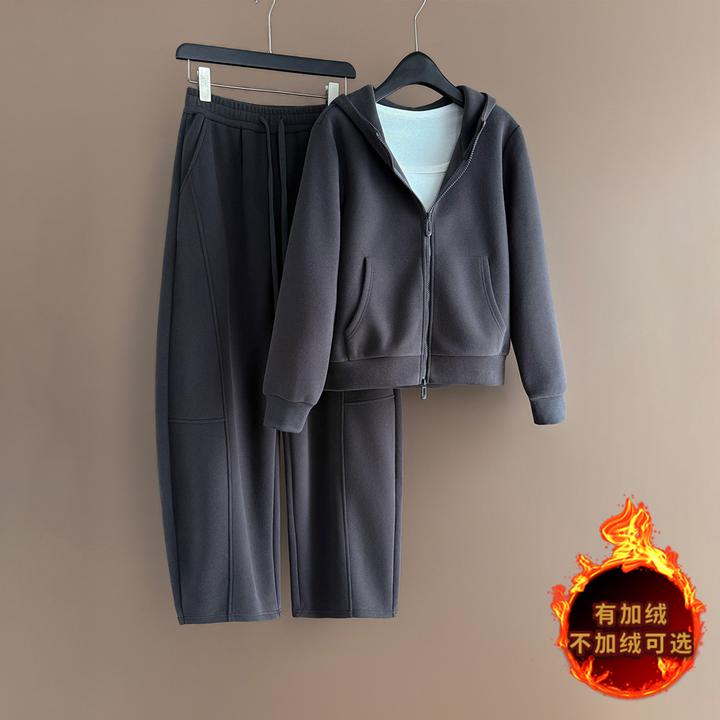 韩版休闲运动套装女秋冬款连帽短款卫衣内搭白色背心阔腿裤三件套