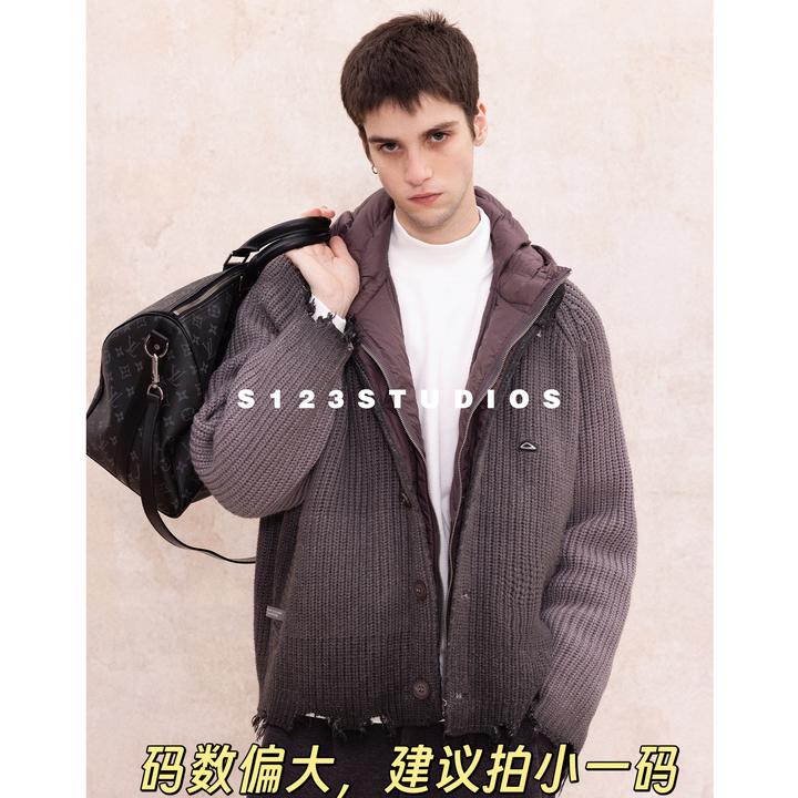 S123 喷印毛衣90白鸭绒 小众设计可拆卸羽绒服宽松外套