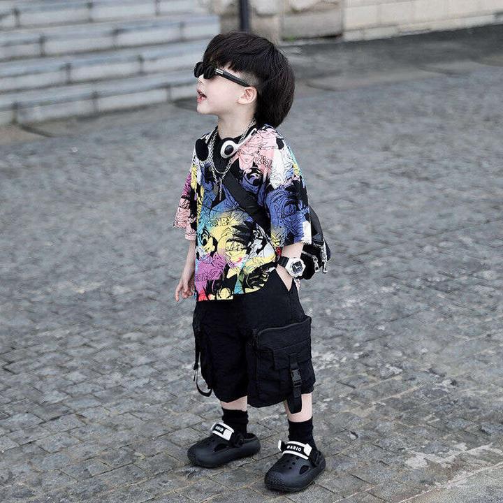 男孩儿童童装洋气新款时尚彩色七龙珠帅气扎染短袖小童炸街两件套