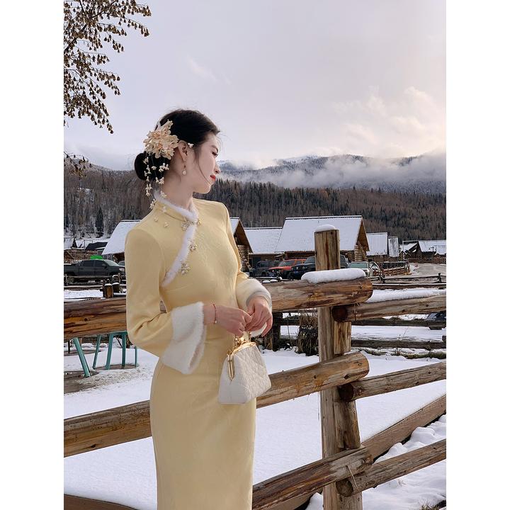 凌茜恣禾【梨花香】新中式提花复合拼毛绒袖口连衣裙加厚改良旗袍裙