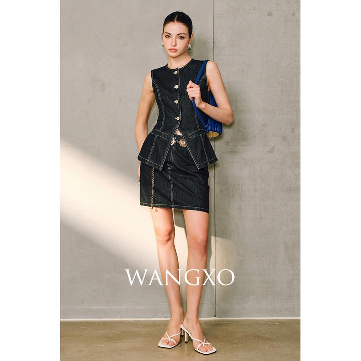 WANGXO 原色丹宁牛仔收腰时髦马甲套装  253213W
