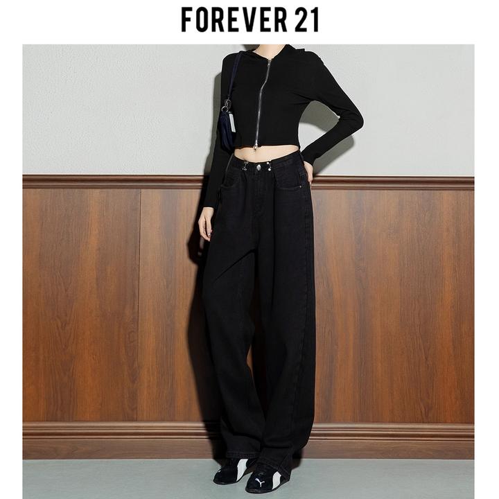 Forever 21黑色阔腿裤牛仔裤女宽松高腰皱褶拖地裤老爹垂感直筒裤