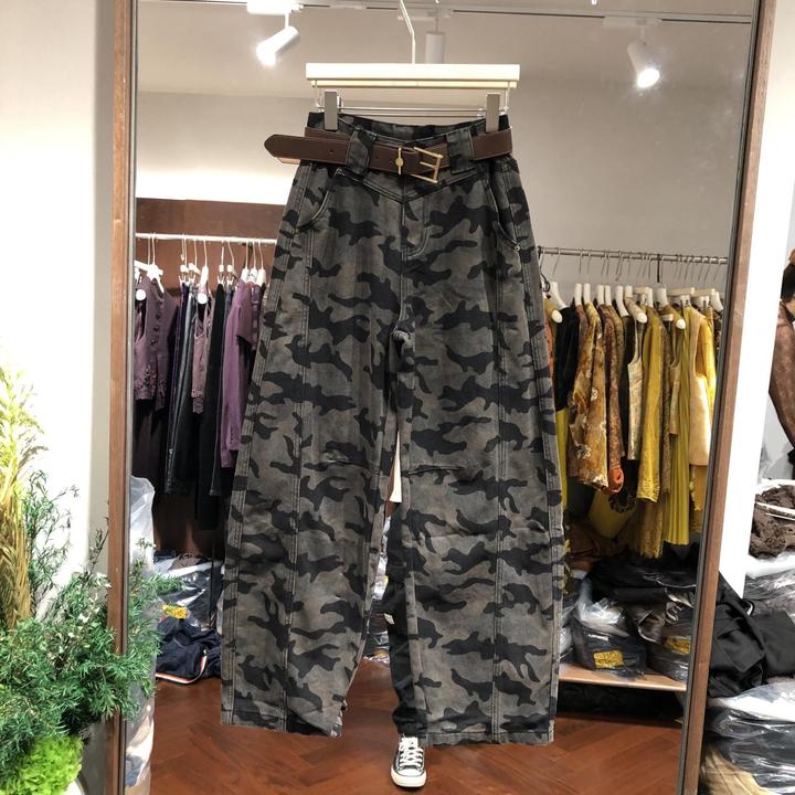 复古春秋新款迷彩弯刀牛仔裤女洋气宽松休闲阔腿裤高腰工装裤长裤
