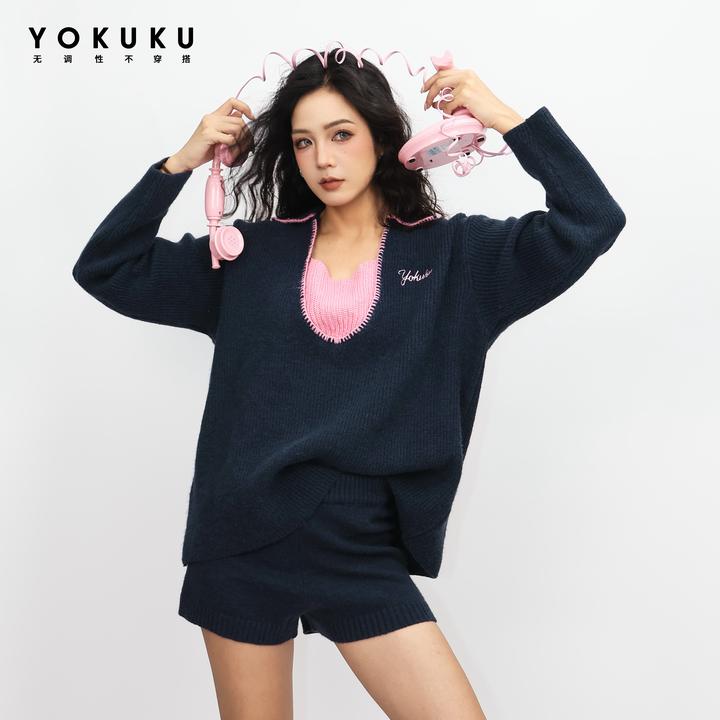 哟酷酷（冰岛极夜）秋冬针织毛衣深V领坑条保暖慵懒休闲上衣毛衣