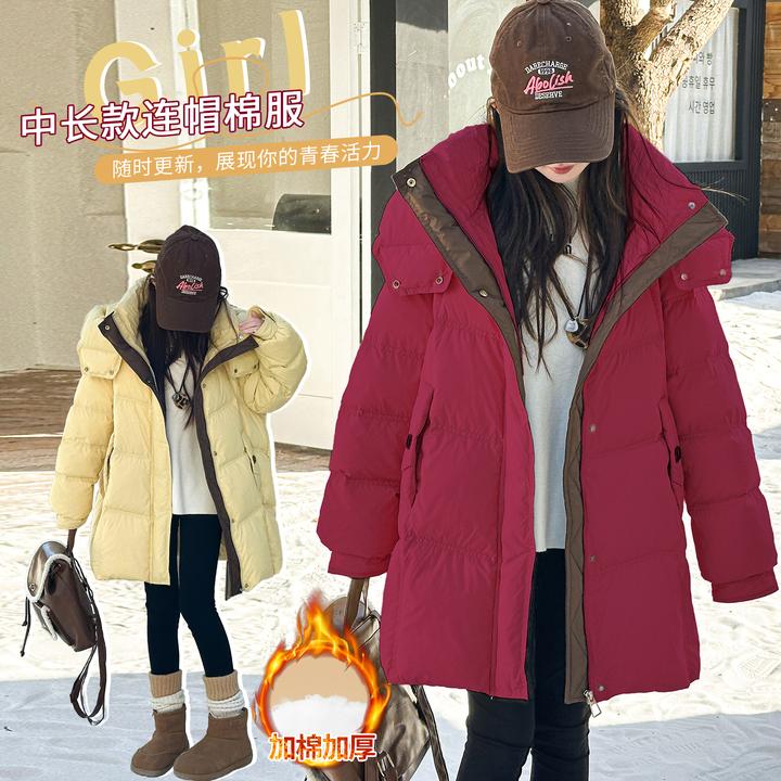 女童中长款棉服2025新款洋气冬季加厚款棉衣女中大童红色年服外套
