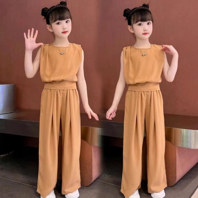 女童雪纺阔腿裤套装2024夏装新款中大儿童装女孩夏季衣服时髦洋气