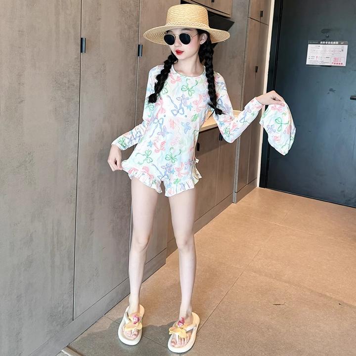 女童高颜值泳衣2025新款儿童连体带胸垫游泳衣女大童网红长袖泳装