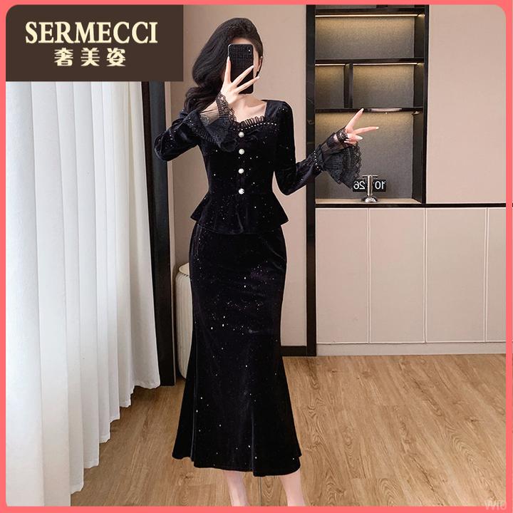 名媛小香风高级感两件套装奢美姿2025秋冬新款上衣鱼尾半身裙