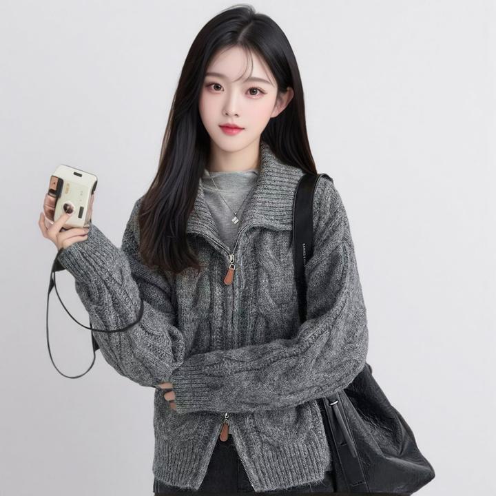 韩系女装开衫外套毛针织衫针织秋冬女慵懒风常规高领麻花毛线毛衣